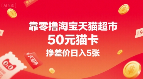 靠零撸淘宝天猫超市50元猫卡，挣差价日入5张-皮皮网创