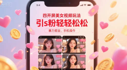 四开屏美女视频玩法，引s粉轻轻松松，暴力掘金，手机操作【揭秘】-皮皮网创