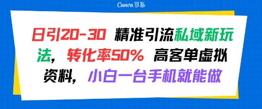 日引 20-30 精准引流私域新玩法，转化率50% 高客单虚拟资料，小白一台手机就能做-皮皮网创