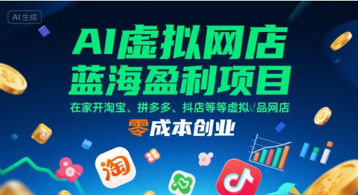 AI虚拟网店蓝海盈利项目，在家开淘宝、拼多多、抖店等虚拟品网店，零成本创业-皮皮网创
