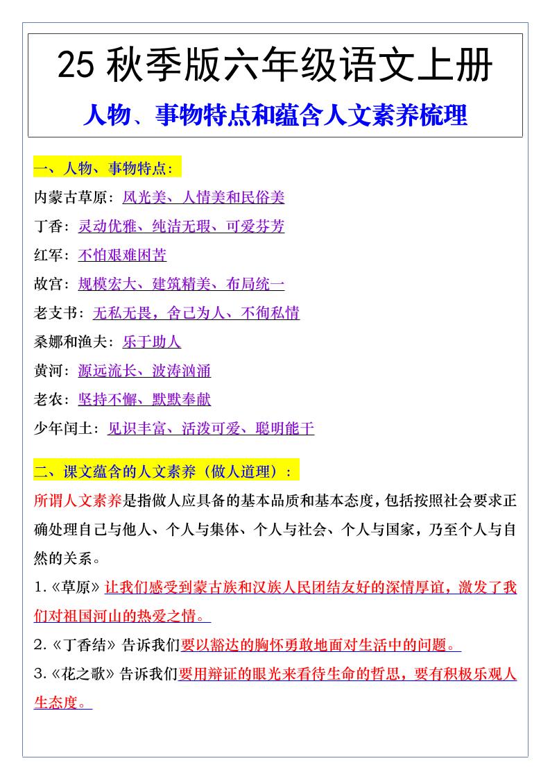 【2025秋新版】六年级语文上册人物、事物特点和蕴含人文素养梳理-皮皮网创