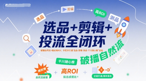 选品+剪辑+投流全闭环，破播自然流+撬动高ROI，手把手打通“选品-剪辑-测品-千川随心推”全链-皮皮网创