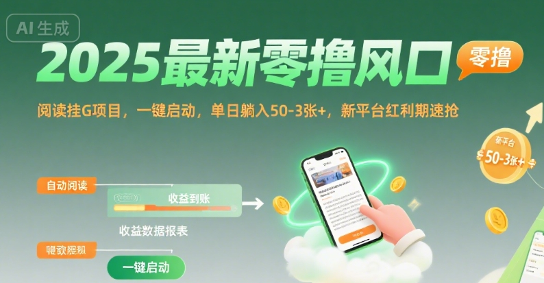 2025最新零撸风口，阅读挂G项目，一键启动，单日躺入 50-3张+，新平台红利期速抢【揭秘】-皮皮网创