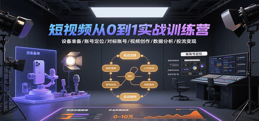 短视频从0到1实战训练营：设备准备/账号定位/对标账号/视频创作/数据分析/投流变现-皮皮网创