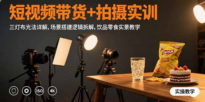 短视频带货+拍摄实训：三灯布光法详解,场景搭建逻辑拆解,饮品零食实景教学-皮皮网创