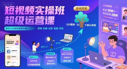 短视频实操班超级运营课，新手小白到短视频大神必修课程，剪辑-拍摄-运营-直播-变现-皮皮网创