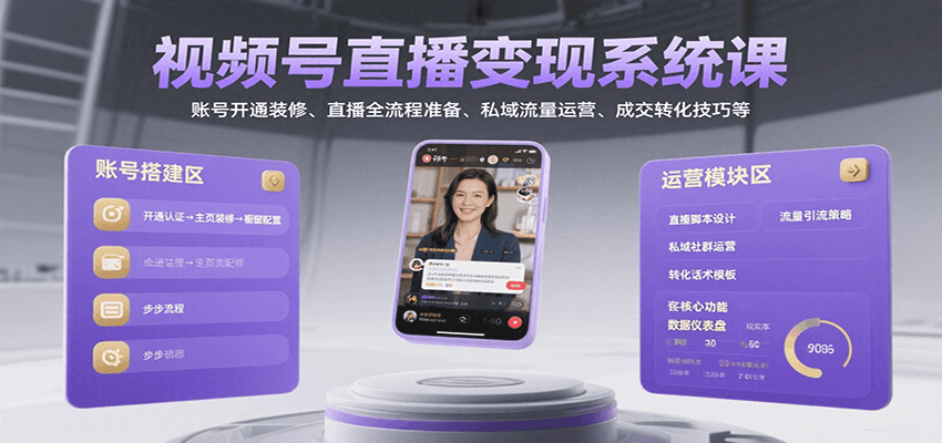 视频号直播变现系统课，账号开通装修、直播全流程准备、私域流量运营、成交转化技巧等-皮皮网创