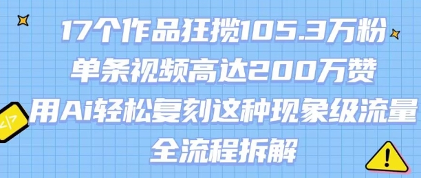 17个作品狂揽105.3W粉，单条视频高达200W赞，用Ai轻松复刻这种现象级流量!(全流程拆解)-皮皮网创