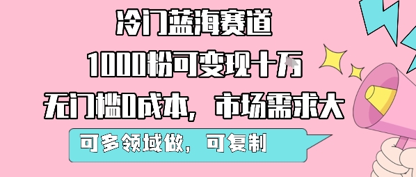 冷门蓝海赛道，1000粉可变现十W，无门槛0成本，市场需求大，可多领域做，可复制性强-皮皮网创