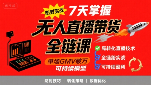 无人直播带货全链防封实战课，7天掌握高转化直播技术，实现单场GMV破万可持续模型-皮皮网创