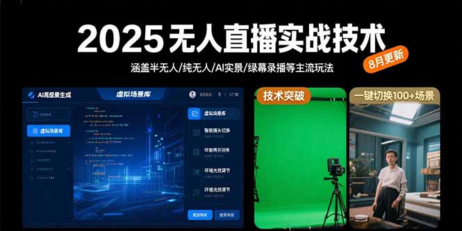 2025无人直播实战技术-8月，涵盖半无人/纯无人/AI实景/绿幕录播等主流玩法-皮皮网创