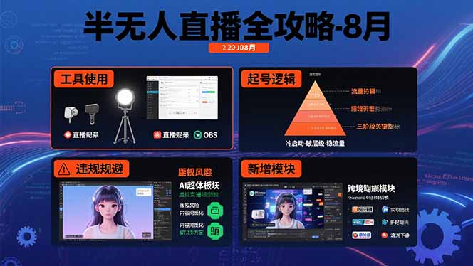 半无人直播全攻略-8月：工具使用+起号逻辑+违规规避,新增AI超体与跨境模块-皮皮网创