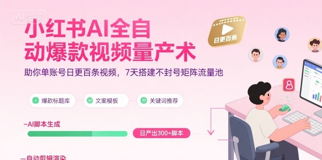 小红书AI全自动爆款视频量产术，助你单账号日更百条视频，7天搭建不封号矩阵流量池(更新8月)-皮皮网创