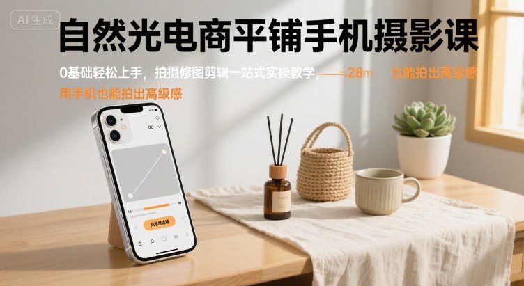 自然光电商平铺手机摄影课，0基础轻松上手，拍摄修图剪辑一站式实操教学，用手机也能拍出高级感-皮皮网创