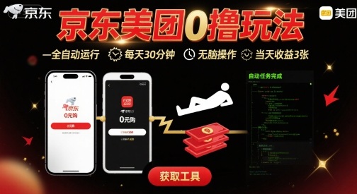 京东美团平台最新0撸玩法，全自动挂G，每天30分钟，无脑操作，当天收益3张【揭秘】-皮皮网创