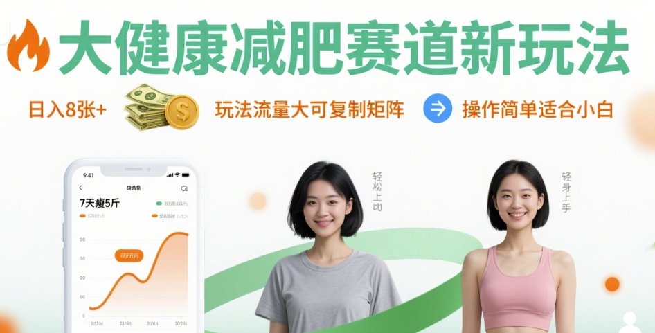 大健康减肥赛道新玩法日入8张，玩法流量大可复制矩阵，操作简单适合小白-皮皮网创