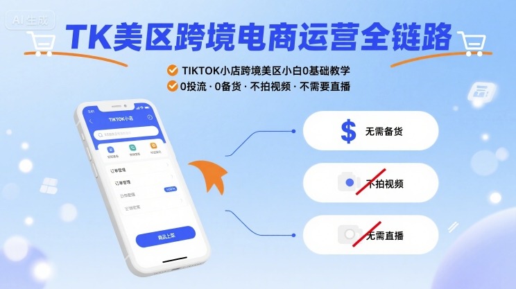 TK美区跨境电商运营全链路，TIKTOK小店跨境美区小白0基础教学，0投流0备货不拍视频不需要直播-皮皮网创