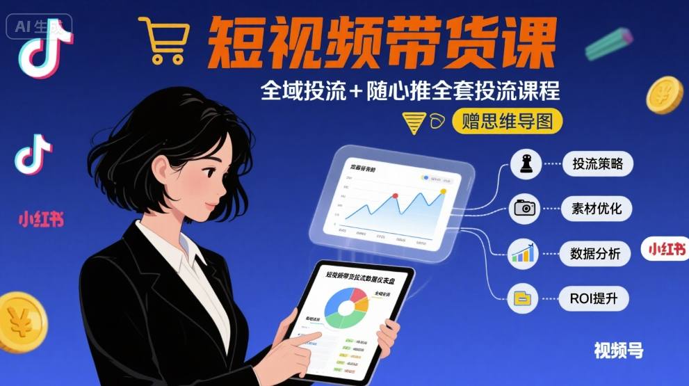 最新短视频带货课，全域投流+随心推全套投流课程+思维导图-皮皮网创