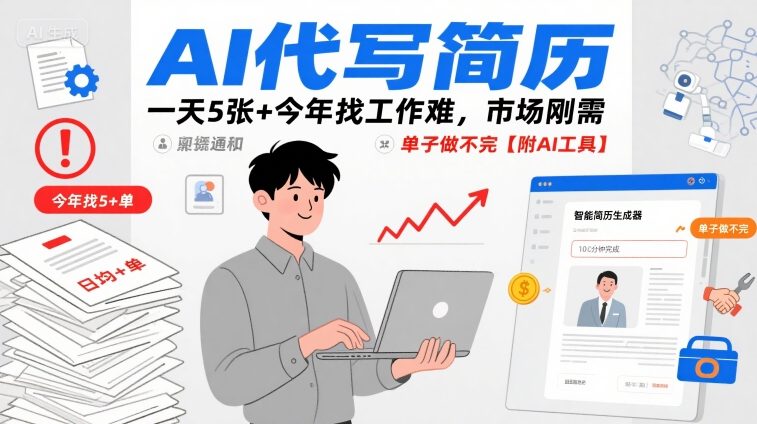 AI代写简历，一天5张+今年找工作难，市场刚需，单子做不完【附AI工具】-皮皮网创