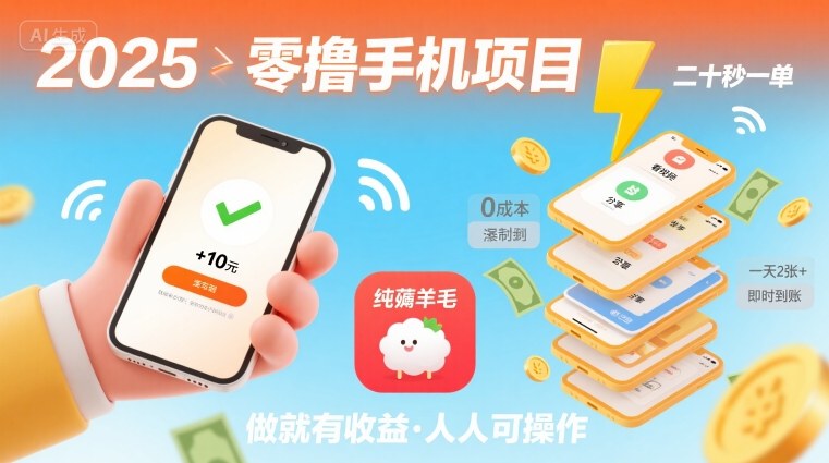 2025年零撸手机项目，二十秒一单，纯薅羊毛 一天2张+做就有-皮皮网创