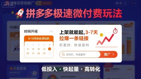 8月26号拼多多极速微付费玩法，8-10月份必须玩的，上架就能起，3-7天拉爆一条链接-皮皮网创
