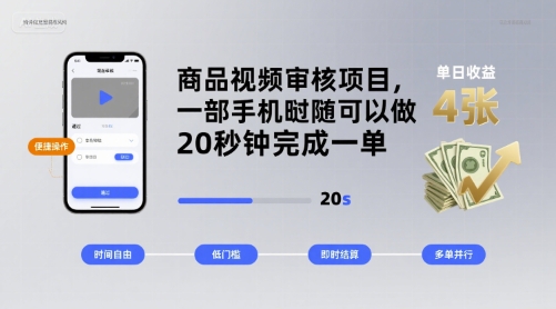 商品视频审核项目，一部手机随时随地都可以做，20秒钟完成一单，单日收益 4张【揭秘】-皮皮网创