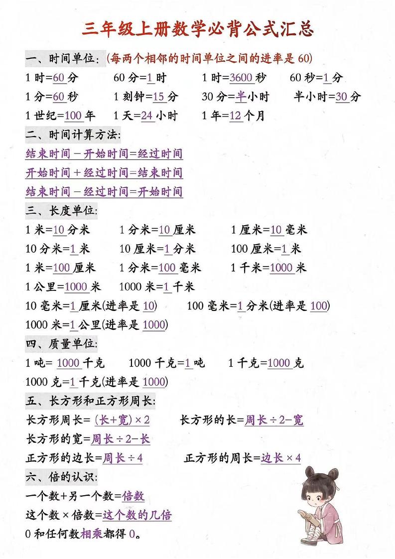 三年级上册数学必背知识汇总-皮皮网创