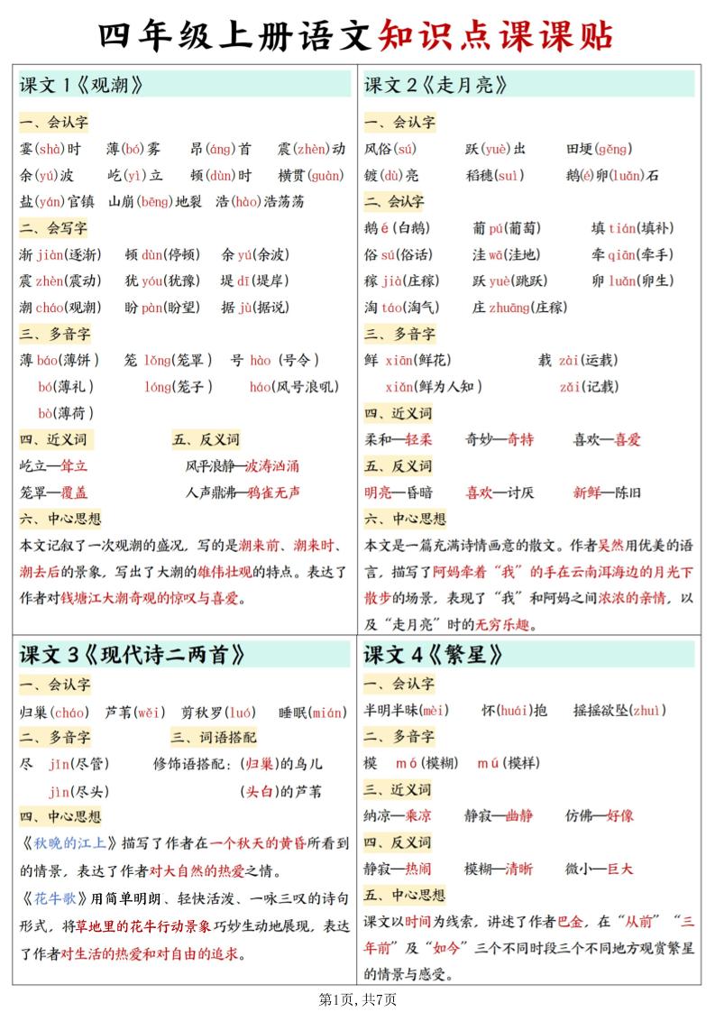 四上语文知识点课课贴7页-皮皮网创