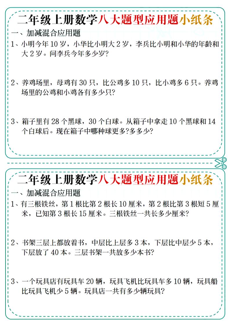 二年级上数学八大题型应用题小纸条-皮皮网创