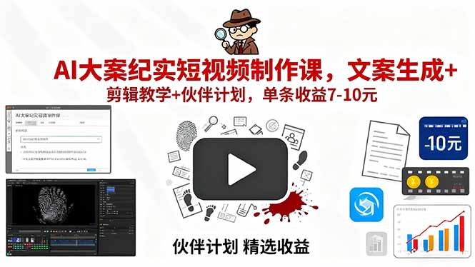 AI大案纪实短视频制作课，文案生成+剪辑教学+伙伴计划，单条收益7-10元-皮皮网创