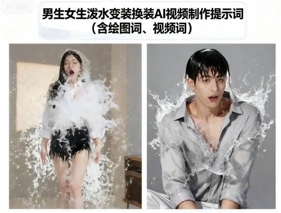 男生女生泼水变装换装AI视频制作提示词(含绘图词、视频词)-皮皮网创