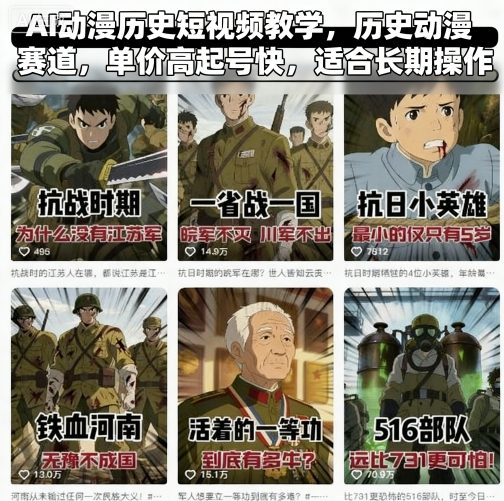 AI动漫历史短视频教学,历史动漫赛道,单价高起号快,适合长期操作-皮皮网创