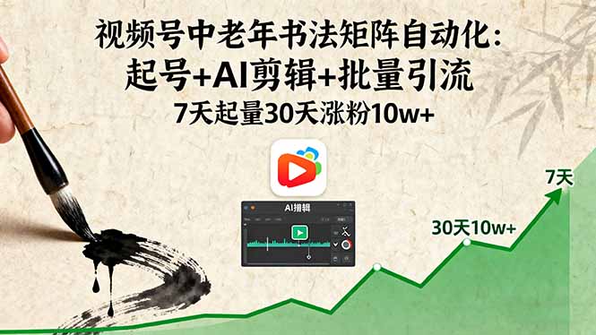 视频号中老年书法矩阵自动化：起号+AI剪辑+批量引流 7天起量30天涨粉10w+-皮皮网创