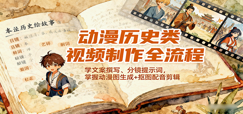动漫历史类视频制作全流程，学文案撰写、分镜提示词，掌握动漫图生成+抠图配音剪辑-皮皮网创