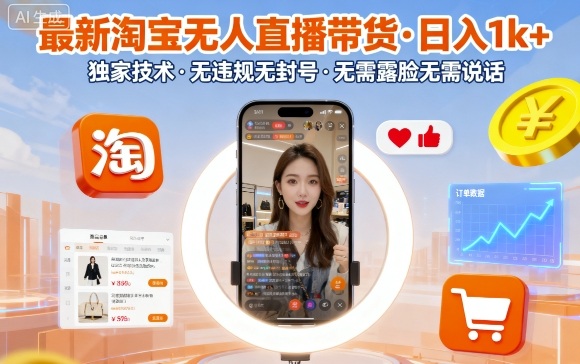 最新淘宝无人直播带货，日入1k+，独家技术，无违规无封号，无需露脸无需说话【揭秘】-皮皮网创