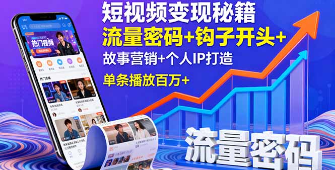 短视频变现秘籍，流量密码+钩子开头+故事营销+个人IP打造，单条播放百万+-皮皮网创