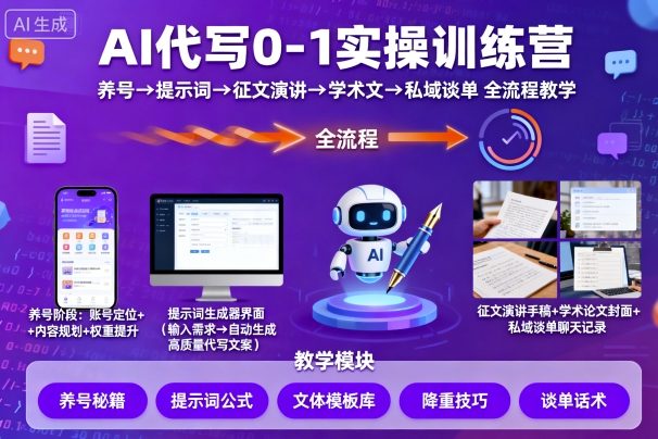 AI代写0-1实操训练营，从养号、提示词、征文演讲、学术文，到私域谈单的全流程教学-皮皮网创