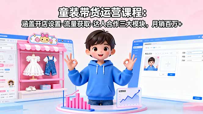 童装带货运营课程：涵盖开店设置-流量获取-达人合作三大模块，月销百万+-皮皮网创