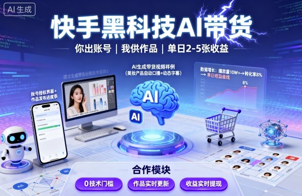 快手黑科技AI带货，你提供账号，我提供作品并发布，单日2-5张【揭秘】-皮皮网创