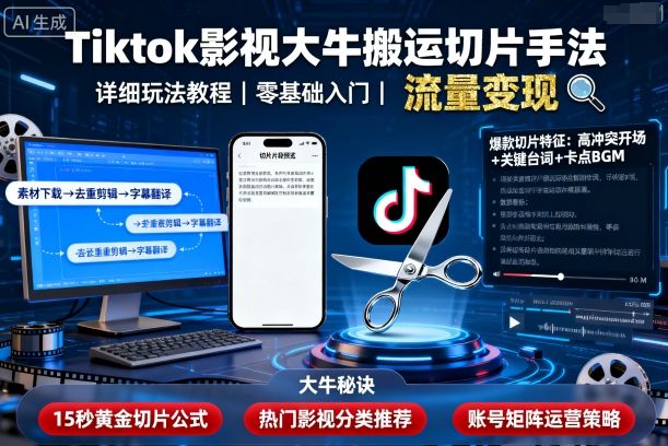 Tiktok影视大牛搬运切片手法，详细玩法教程-皮皮网创