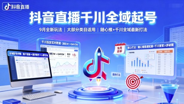 抖音直播千川全域起号,9月全新玩法,大部分类目适用,随心推以及千川全域最新打法-皮皮网创