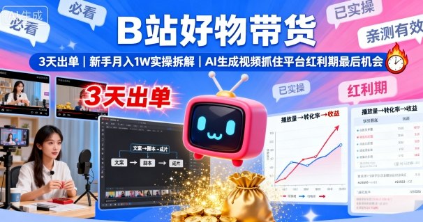 B站好物带货，3天出单，新手月入1W实操拆解，AI生成视频，抓住平台红利期最后机会-皮皮网创