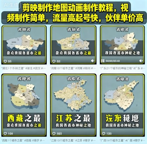 剪映制作地图动画制作教程，视频制作简单，流量高起号快，伙伴单价高-皮皮网创