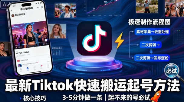 最新Tiktok快速搬运快速起号方法，3-5分钟做一条，起不来的号可以试试-皮皮网创
