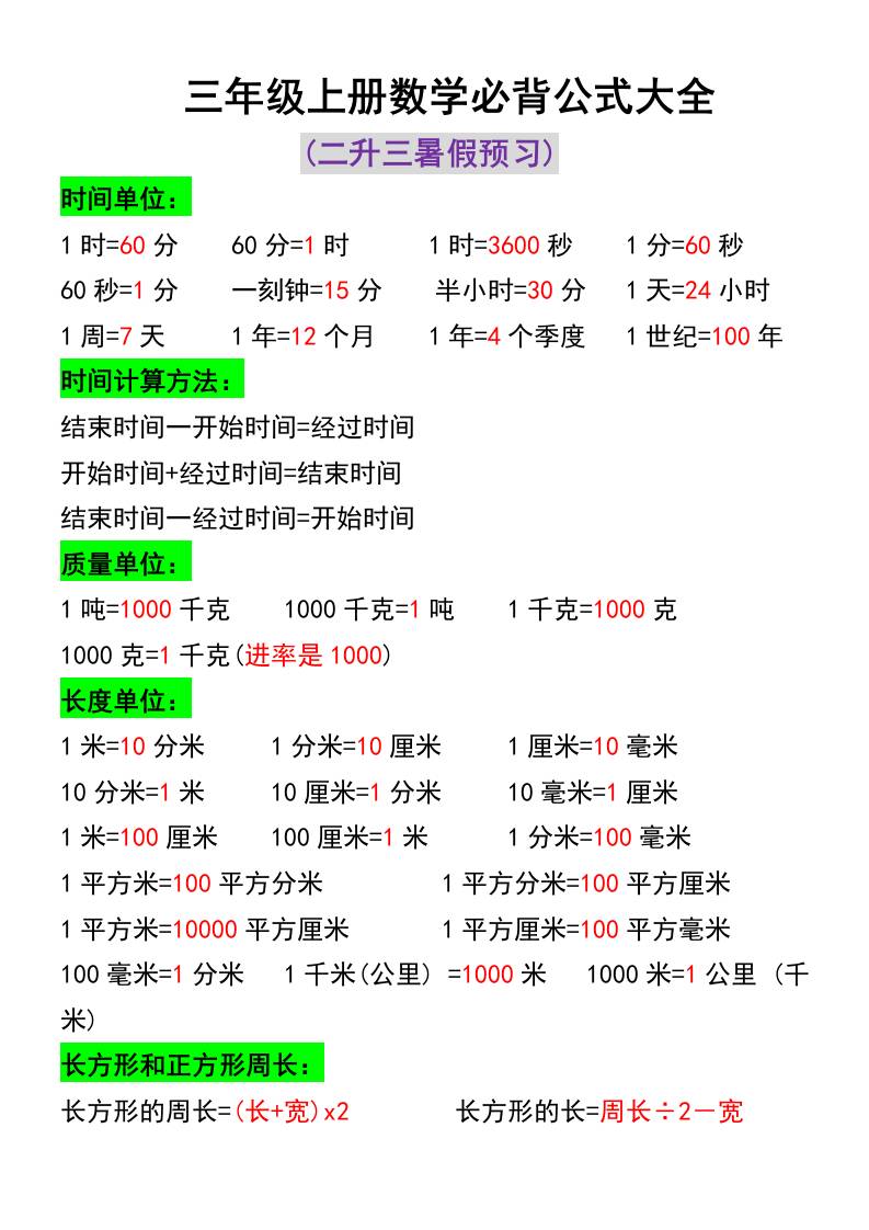 三年级上册数学必背公式大全-皮皮网创