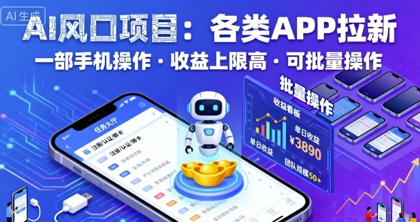 AI风口项目，各类APP拉新，一部手机就可以操作，收益上限高，可批量操作-皮皮网创