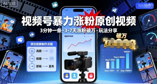视频号暴力涨粉原创视频，3分钟一条原创视频，3-7天涨粉破万，玩法分享给你-皮皮网创