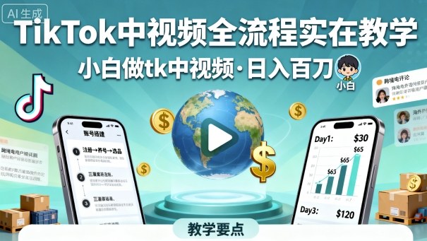 TikTok中视频全流程实操教学，小白做tk中视频，日入百刀-皮皮网创