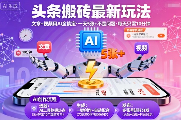头条搬砖最新玩法，文章+视频用AI全搞定，一天5张+不是问题，每天只需10分钟-皮皮网创