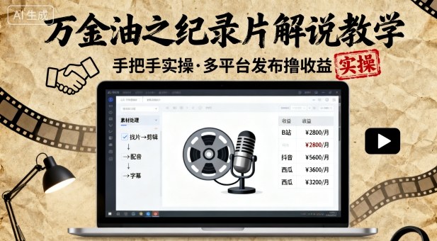 万金油之纪录片解说教学，手把手教你，完全实操，多平台发布撸收益-皮皮网创